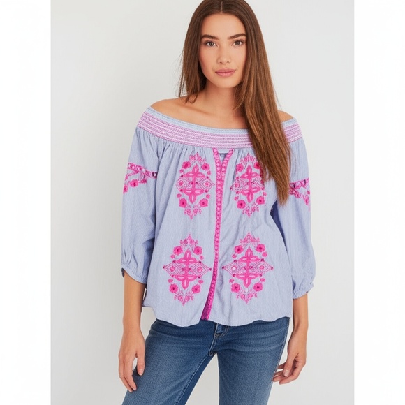 INC Off the Shoulder Blue with Hot Pink Embroidered Smocked Size S Bohemian Chic - Picture 1 of 10